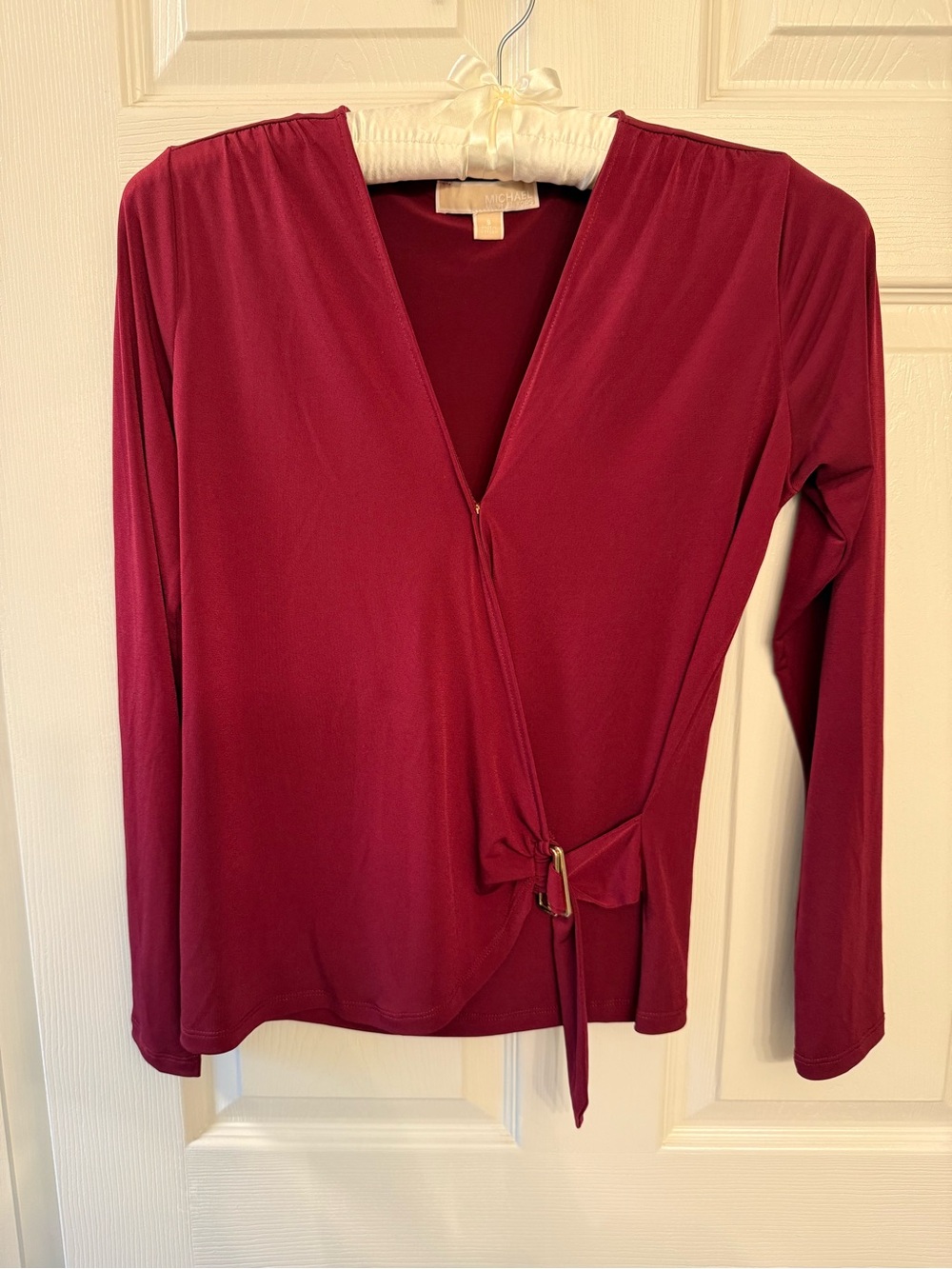 Michael Kors Wrap-Style Long Sleeve Top in Burgundy